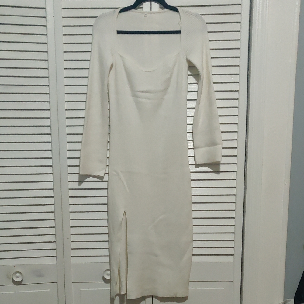 Cream Long Sleeve Midi Dress